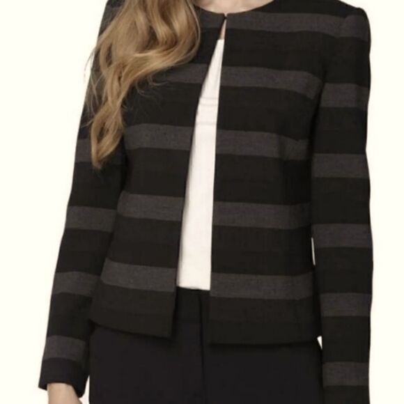 Tahari Ponte Striped Collarless Blazer Jacket Grey Women's 2 - Picture 1 of 5